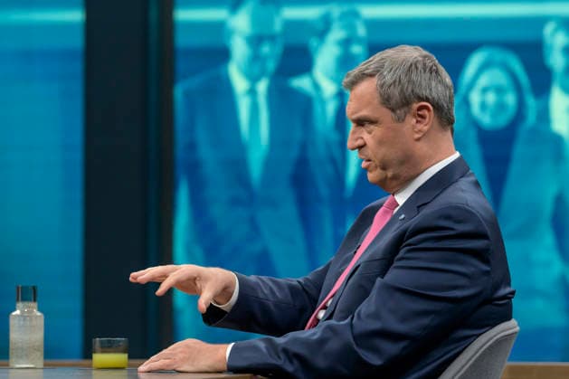 in the picture from left Markus Söder, Prime Minister of Bavaria, CSU, GER, Berlin, Studio, guest of Caren Miosga, Polittalk, TV, format, recording, recorded, Das Erste, from Adlershof at Studio 20, topic Copyright: HMBxMedia UwexKoch