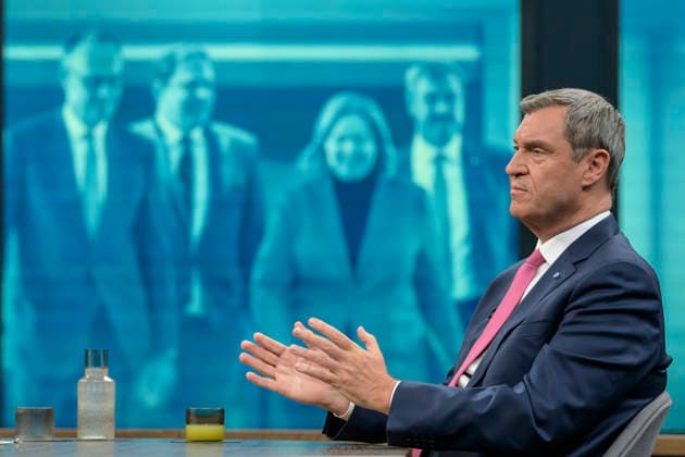 in the picture from left Markus Söder, Prime Minister of Bavaria, CSU, GER, Berlin, Studio, guest of Caren Miosga, Polittalk, TV, format, recording, recorded, Das Erste, from Adlershof at Studio 20, topic Copyright: HMBxMedia UwexKoch