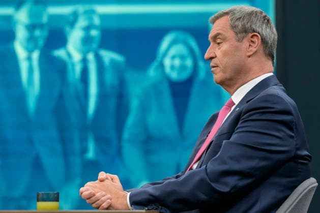in the picture from left Markus Söder, Prime Minister of Bavaria, CSU, GER, Berlin, Studio, guest of Caren Miosga, Polittalk, TV, format, recording, recorded, Das Erste, from Adlershof at Studio 20, topic Copyright: HMBxMedia UwexKoch