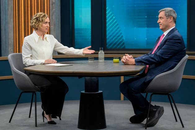 in the picture from left Markus Söder, Prime Minister of Bavaria, CSU, GER, Berlin, Studio, guest of Caren Miosga, Polittalk, TV, format, recording, recorded, Das Erste, from Adlershof at Studio 20, topic Copyright: HMBxMedia UwexKoch
