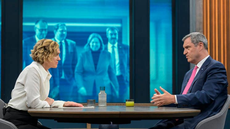 in the picture from l Caren Miosga, Markus Söder, Prime Minister Bavaria, CSU, GER, Berlin, Studio, guest of Caren Miosga, Polittalk, TV, format, recording, Das Erste, recorded, from Adlershof at Studio 20, topic Copyright: HMBxMedia UwexKoch
