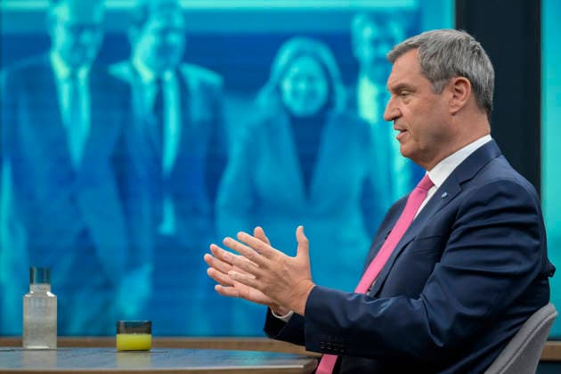 in the picture from left Markus Söder, Prime Minister of Bavaria, CSU, GER, Berlin, Studio, guest of Caren Miosga, Polittalk, TV, format, recording, recorded, Das Erste, from Adlershof at Studio 20, topic Copyright: HMBxMedia UwexKoch
