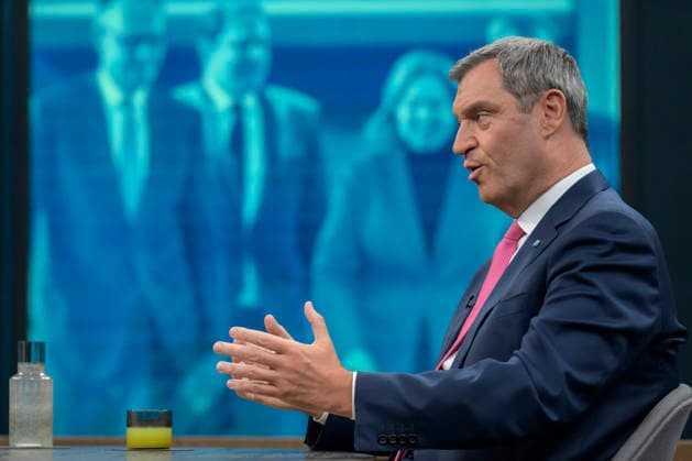 in the picture from left Markus Söder, Prime Minister of Bavaria, CSU, GER, Berlin, Studio, guest of Caren Miosga, Polittalk, TV, format, recording, recorded, Das Erste, from Adlershof at Studio 20, topic Copyright: HMBxMedia UwexKoch