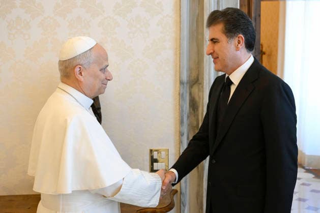 ITALY - POPE LEO XIV RECEIVES IN A PRIVATA AUDIENCE HIS EXCELLENCY MR.NECHIRVAN BARZANI IN THE VATICAN- 2026 5 18 Italy, Rome, Vatican, 2026 5 18.Pope Leo XIV receives in a private audience His Excellency Mr. Nechirvan Barzani, President of the Kurdistan Region of Iraq in the Vatican EDITORIAL USE ONLY - NO BOOKS Copyright: xVATICANxMEDIAx