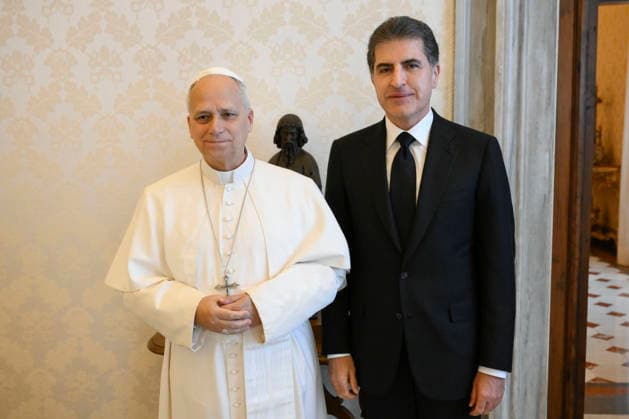 ITALY - POPE LEO XIV RECEIVES IN A PRIVATA AUDIENCE HIS EXCELLENCY MR.NECHIRVAN BARZANI IN THE VATICAN- 2026 5 18 Italy, Rome, Vatican, 2026 5 18.Pope Leo XIV receives in a private audience His Excellency Mr. Nechirvan Barzani, President of the Kurdistan Region of Iraq in the Vatican EDITORIAL USE ONLY - NO BOOKS Copyright: xVATICANxMEDIAx
