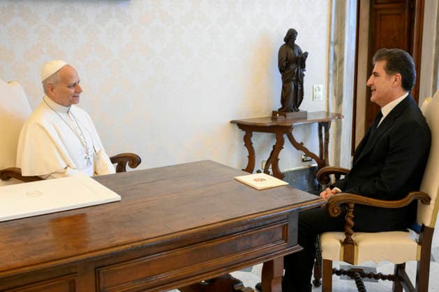 ITALY - POPE LEO XIV RECEIVES IN A PRIVATA AUDIENCE HIS EXCELLENCY MR.NECHIRVAN BARZANI IN THE VATICAN- 2026 5 18 Italy, Rome, Vatican, 2026 5 18.Pope Leo XIV receives in a private audience His Excellency Mr. Nechirvan Barzani, President of the Kurdistan Region of Iraq in the Vatican EDITORIAL USE ONLY - NO BOOKS Copyright: xVATICANxMEDIAx