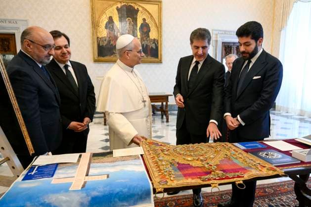 ITALY - POPE LEO XIV RECEIVES IN A PRIVATA AUDIENCE HIS EXCELLENCY MR.NECHIRVAN BARZANI IN THE VATICAN- 2026 5 18 Italy, Rome, Vatican, 2026 5 18.Pope Leo XIV receives in a private audience His Excellency Mr. Nechirvan Barzani, President of the Kurdistan Region of Iraq in the Vatican EDITORIAL USE ONLY - NO BOOKS Copyright: xVATICANxMEDIAx