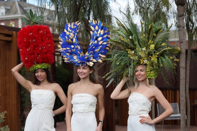 . 18 05 2026. London, United Kingdom. Models in sculptural hats at the Journey Beyond the Tracks : From Adelaide to Perth garden at the opening day of the Chelsea Flower Show in London.  xStephenxLockx xi-Imagesx IIM-26779-0024