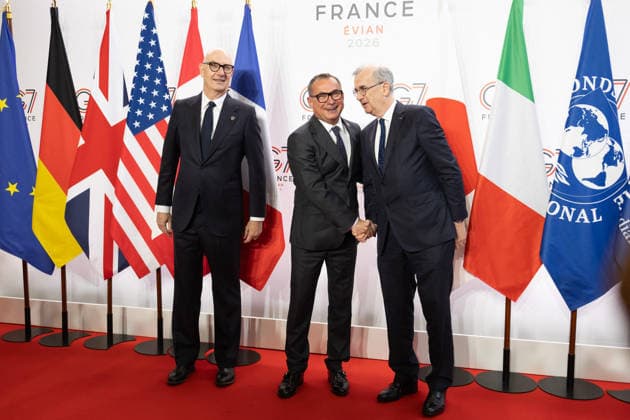 G7 Finance Ministers Meeting - Paris France s Economy, Finances and Industry Minister Roland Lescure and Governor of the Bank of France François Villeroy de Galhau greet President of the German Bundesbank Joachim Nagel prior to a meeting of G7 Finance Ministers and Central Bank Governors in preparation for the summit of heads of State and government to be held in June 2026 in Evian, in Paris on May 18, 2026. Photo by Raphael Lafargue ABACAPRESS.COM Paris France  Copyright: xLafarguexRaphael ABACAx