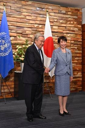 Japan PM Takaichi Meets UN Secretary-General Guterres in Tokyo TOKYO, JAPAN - MAY 18: Japanese Prime Minister Sanae Takaichi (R) shakes hands with United Nations Secretary-General Antonio Guterres (L) ahead of their meeting at the Prime Minister’s Office on May 18, 2026, in Tokyo, Japan. Secretary-General Guterres is visiting Japan from May 17 to 20 to attend United Nations-related meetings and hold talks with Japanese officials as the two sides mark the 70th anniversary of Japan’s admission to the United Nations. David Mareuil Anadolu Tokyo Japan. Editorial use only. Please get in touch for any other usage.  Copyright: x2026xAnadoluxDavidxMareuilx