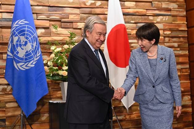 Japan PM Takaichi Meets UN Secretary-General Guterres in Tokyo TOKYO, JAPAN - MAY 18: Japanese Prime Minister Sanae Takaichi (R) shakes hands with United Nations Secretary-General Antonio Guterres (L) ahead of their meeting at the Prime Minister’s Office on May 18, 2026, in Tokyo, Japan. Secretary-General Guterres is visiting Japan from May 17 to 20 to attend United Nations-related meetings and hold talks with Japanese officials as the two sides mark the 70th anniversary of Japan’s admission to the United Nations. David Mareuil Anadolu Tokyo Japan. Editorial use only. Please get in touch for any other usage.  Copyright: x2026xAnadoluxDavidxMareuilx