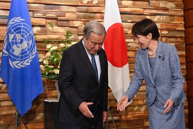Japan PM Takaichi Meets UN Secretary-General Guterres in Tokyo TOKYO, JAPAN - MAY 18: Japanese Prime Minister Sanae Takaichi (R) poses with United Nations Secretary-General Antonio Guterres (L) ahead of their meeting at the Prime Minister’s Office on May 18, 2026, in Tokyo, Japan. Secretary-General Guterres is visiting Japan from May 17 to 20 to attend United Nations-related meetings and hold talks with Japanese officials as the two sides mark the 70th anniversary of Japan’s admission to the United Nations. David Mareuil Anadolu Tokyo Japan. Editorial use only. Please get in touch for any other usage.  Copyright: x2026xAnadoluxDavidxMareuilx