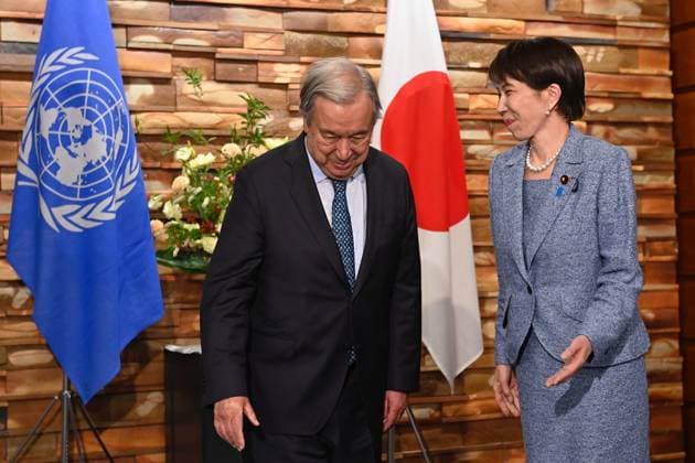 Japan PM Takaichi Meets UN Secretary-General Guterres in Tokyo TOKYO, JAPAN - MAY 18: Japanese Prime Minister Sanae Takaichi (R) poses with United Nations Secretary-General Antonio Guterres (L) ahead of their meeting at the Prime Minister’s Office on May 18, 2026, in Tokyo, Japan. Secretary-General Guterres is visiting Japan from May 17 to 20 to attend United Nations-related meetings and hold talks with Japanese officials as the two sides mark the 70th anniversary of Japan’s admission to the United Nations. David Mareuil Anadolu Tokyo Japan. Editorial use only. Please get in touch for any other usage.  Copyright: x2026xAnadoluxDavidxMareuilx