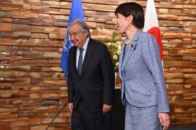 Japan PM Takaichi Meets UN Secretary-General Guterres in Tokyo TOKYO, JAPAN - MAY 18: Japanese Prime Minister Sanae Takaichi (R) poses with United Nations Secretary-General Antonio Guterres (L) ahead of their meeting at the Prime Minister’s Office on May 18, 2026, in Tokyo, Japan. Secretary-General Guterres is visiting Japan from May 17 to 20 to attend United Nations-related meetings and hold talks with Japanese officials as the two sides mark the 70th anniversary of Japan’s admission to the United Nations. David Mareuil Anadolu Tokyo Japan. Editorial use only. Please get in touch for any other usage.  Copyright: x2026xAnadoluxDavidxMareuilx