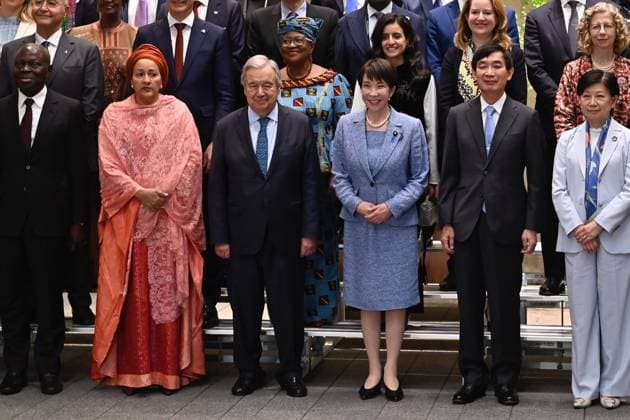 Japan PM Takaichi Meets UN Secretary-General Guterres in Tokyo TOKYO, JAPAN - MAY 18: Japanese Prime Minister Sanae Takaichi (C-R, 1st row) and United Nations Secretary-General Antonio Guterres (C-L, 1st row) pose for a photograph ahead of a reception at the Prime Minister’s Office on May 18, y 2026, in Tokyo, Japan. Guterres’ visit comes as Japan and the United Nations commemorate the 70th anniversary of Japan’s admission to the UN. David Mareuil Anadolu Tokyo Japan. Editorial use only. Please get in touch for any other usage.  Copyright: x2026xAnadoluxDavidxMareuilx