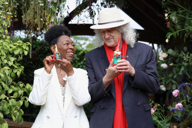 May 18, 2026, London, London, UK: London, UK. Baroness Floella Benjamin, actor, singer, left with Sir Brian May, musician with their gnomes in The KingÃ¢â‚¬â ¢s Foundation Curious Garden at The RHS Chelsea Flower Show has been held at the Royal Hospital Chelsea in London since 1913 London UK  - ZUMAl94_ 20260518_zaf_l94_019 Copyright: xJacquelinexLawriex