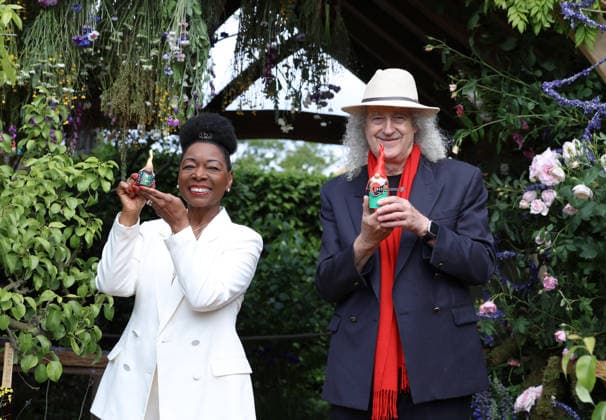 May 18, 2026, London, London, UK: London, UK. Baroness Floella Benjamin, actor, singer, left with Sir Brian May, musician with their gnomes in The KingÃ¢â‚¬â ¢s Foundation Curious Garden at The RHS Chelsea Flower Show has been held at the Royal Hospital Chelsea in London since 1913 London UK  - ZUMAl94_ 20260518_zaf_l94_020 Copyright: xJacquelinexLawriex