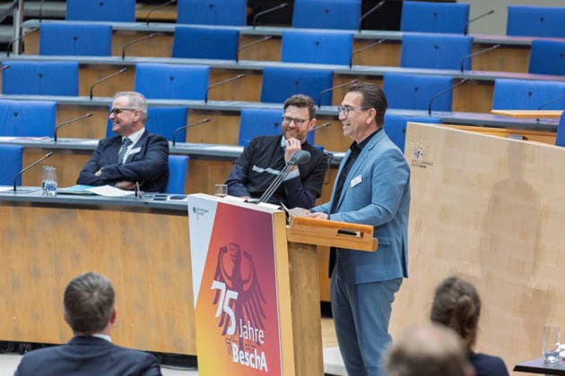 Ceremony 75 years of the Procurement Office of the BMI in Bonn Speech by Lord Mayor of Bonn Guido DEUS CDU Ceremony to mark the 75th anniversary of the Procurement Office of the BMI in the former plenary chamber of the German Bundestag, which is now part of the World Conference Center Bonn The Procure Copyright: xMarcxJohnx