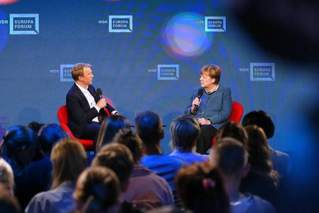 Berlin, Germany, 18 05 2026 Station Digital trade fair Re publica 2026 ARD capital city correspondent Markus Preiß in an interview with former Chancellor Angela Merkel in the WDR Europaforum program Copyright: xdtsxNachrichtenagenturx dts_119153
