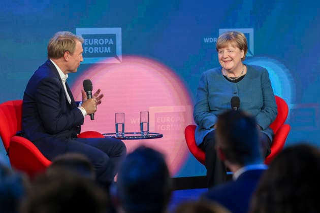 Angela Merkel, former German Chancellor and Markus Preiss at the WDR Europaforum at the Re publica digital trade fair under the motto Never Gonna Give You Up opens at The Station on 18 05 26 in Berlin Angela Merkel speaks at the Re publica 2026 in Berlin
