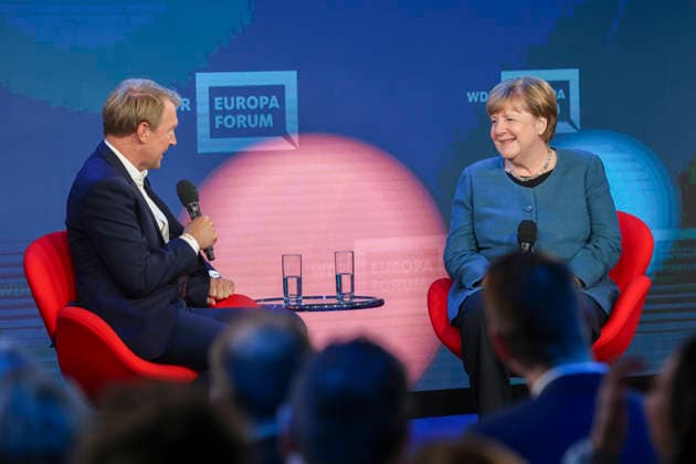Angela Merkel, former German Chancellor and Markus Preiss at the WDR Europaforum at the Re publica digital trade fair under the motto Never Gonna Give You Up opens at The Station on 18 05 26 in Berlin Angela Merkel speaks at the Re publica 2026 in Berlin