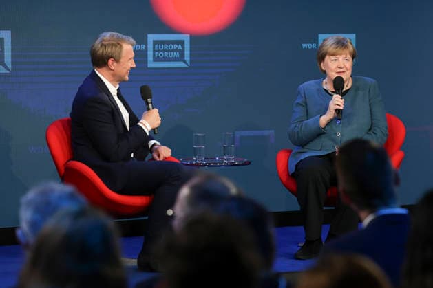 Angela Merkel, former German Chancellor and Markus Preiss at the WDR Europaforum at the Re publica digital trade fair under the motto Never Gonna Give You Up opens at The Station on 18 05 26 in Berlin Angela Merkel speaks at the Re publica 2026 in Berlin