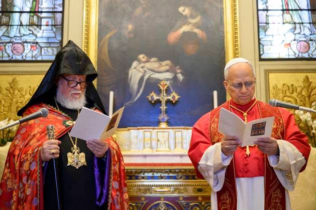 ITALY - POPE LEO XIV RECEIVES IN A PRIVATE AUDIENCE HIS HOLINESS ARMA I IN THE VATICAN- 2026 5 18 Italy, Rome, Vatican, 2026 5 18. Pope Leo XIV receives in a private audience His Holiness Aram I, Catholicos of the Armenian Apostolic Church—Seat of Cilicia in the Vatican EDITORIAL USE ONLY - NO BOOKS Copyright: xVATICANxMEDIAx