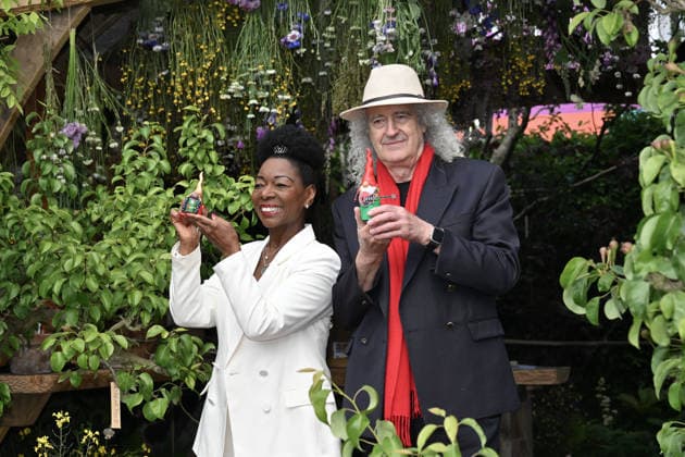 RHS Chelsea Flower Show, London, UK, 18 May 2026. London, UK, 18 May 2026. Sir Brian May and Floella Benjamin with their Gnomes in the King s Garden at the RHS Chelsea Flower Show, Royal Hospital Chelsea, London, UK., Credit:Lee Floyd Lee Floyd - B3214 Avalon UK, London, Royal Hospital Chelsea  Copyright: xLeexFloydx xLeexFloydx-xB3214x xAvalonx 1100045760