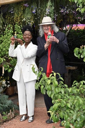 RHS Chelsea Flower Show, London, UK, 18 May 2026. London, UK, 18 May 2026. Sir Brian May and Floella Benjamin with their Gnomes in the King s Garden at the RHS Chelsea Flower Show, Royal Hospital Chelsea, London, UK., Credit:Lee Floyd Lee Floyd - B3214 Avalon UK, London, Royal Hospital Chelsea  Copyright: xLeexFloydx xLeexFloydx-xB3214x xAvalonx 1100046185