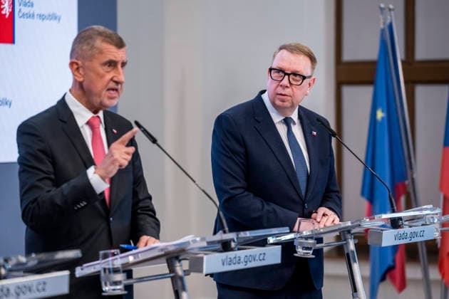 From left, Czech Prime Minister Andrej Babis (ANO) and Labour and Social Affairs Minister Ales Juchelka (ANO) at a press conference after a government meeting, in Prague, Czech Republic, on May 18, 2026. (CTKxPhoto VitxSimanek) CTKPhotoP2026051804862  CTKPhotoP2026051804862
