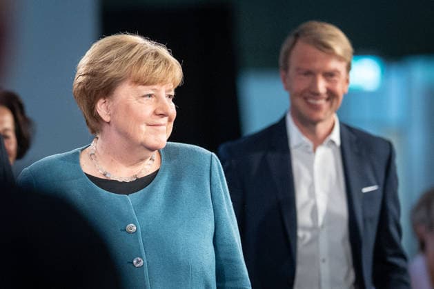 Former German Chancellor Angela Merkel at the WDR Europaforum as part of re publica 2026, with Markus Preiß, Studio Manager and Editor-in-Chief Television, ARDHauptstadtstudio, in the background Digital Conference re publica 2026 in Berlin, Berlin Berlin Germany Event location STATION