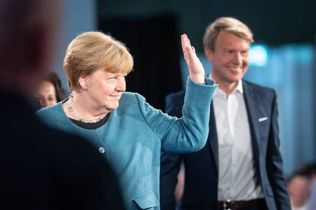 Former German Chancellor Angela Merkel at the WDR Europaforum as part of re publica 2026, with Markus Preiß, Studio Manager and Editor-in-Chief Television, ARDHauptstadtstudio, in the background Digital Conference re publica 2026 in Berlin, Berlin Berlin Germany Event location STATION
