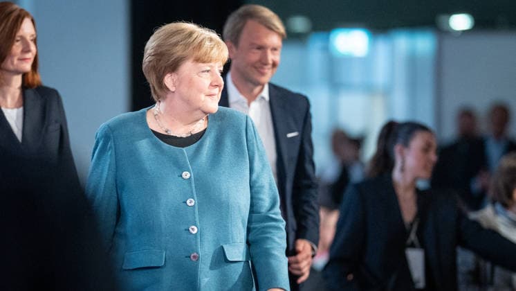 Former German Chancellor Angela Merkel at the WDR Europaforum as part of re publica 2026, with Markus Preiß, Studio Manager and Editor-in-Chief Television, ARDHauptstadtstudio, in the background Digital Conference re publica 2026 in Berlin, Berlin Berlin Germany Event location STATION