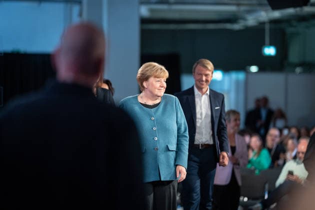 Former German Chancellor Angela Merkel at the WDR Europaforum as part of re publica 2026, with Markus Preiß, Studio Manager and Editor-in-Chief Television, ARDHauptstadtstudio, in the background Digital Conference re publica 2026 in Berlin, Berlin Berlin Germany Event location STATION