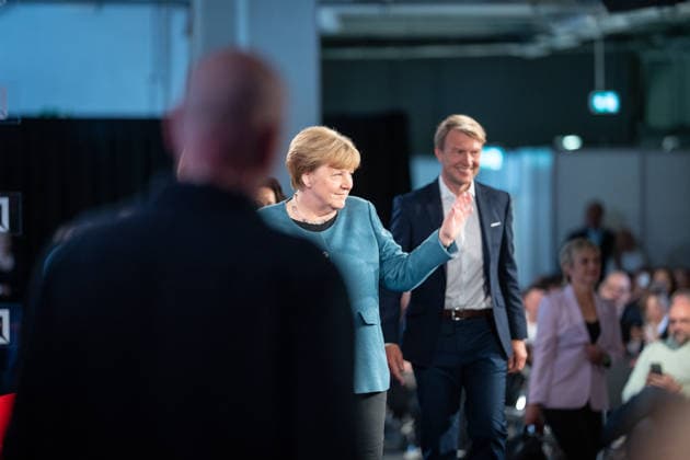 Former German Chancellor Angela Merkel at the WDR Europaforum as part of re publica 2026, with Markus Preiß, Studio Manager and Editor-in-Chief Television, ARDHauptstadtstudio, in the background Digital Conference re publica 2026 in Berlin, Berlin Berlin Germany Event location STATION