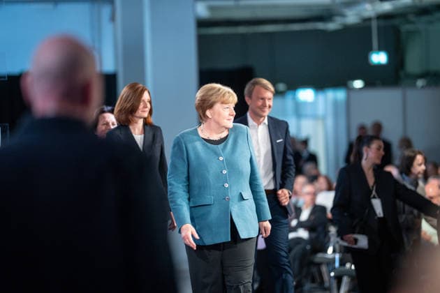 Former German Chancellor Angela Merkel at the WDR Europaforum as part of re publica 2026, with Markus Preiß, Studio Manager and Editor-in-Chief Television, ARDHauptstadtstudio, in the background Digital Conference re publica 2026 in Berlin, Berlin Berlin Germany Event location STATION