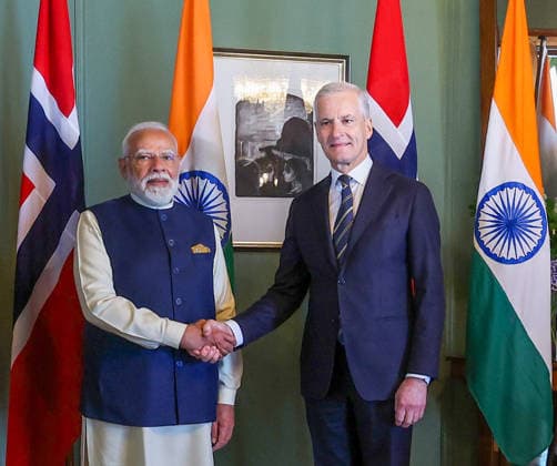 PM Modi meets Norway PM Jonas Gahr Store Oslo Norway , May 18 (ANI): Prime Minister Narendra Modi meets Prime Minister of Norway Jonas Gahr Store, in Oslo on Monday. (DPR PMO ANI Photo) Oslo Norway Copyright: xANIx ANI_20260518301