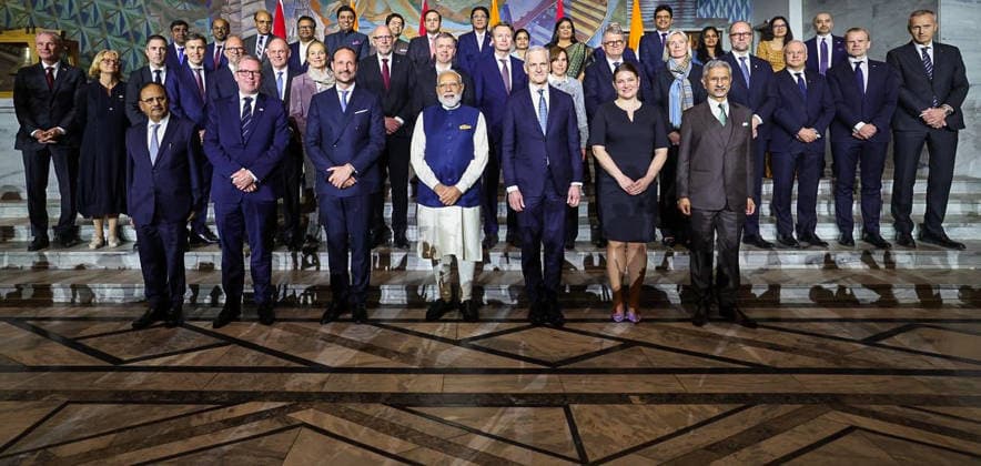 RECORD DATE NOT STATED PM Modi poses for a group photo during the India-Norway Business & Research Summit Oslo, May 18 (ANI): Prime Minister Narendra Modi poses for a group photo with Prime Minister of Norway Jonas Gahr Store, National Security Advisor Ajit Doval, Union External Affairs Minister S. Jaishankar and others during the India-Norway Business & Research Summit, in Oslo on Monday. (@MEAIndia X ANI Photo) Oslo Norway Copyright: xANIx ANI_20260518481