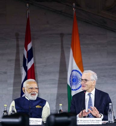 RECORD DATE NOT STATED PM Modi and Prime Minister of Norway Jonas Gahr Store attend the India-Norway Business & Research Summit Oslo, May 18 (ANI): Prime Minister Narendra Modi and Prime Minister of Norway Jonas Gahr Store attend the India-Norway Business & Research Summit, in Oslo on Monday. (@narendramodi X ANI Photo) Oslo Norway Copyright: xANIx ANI_20260518543