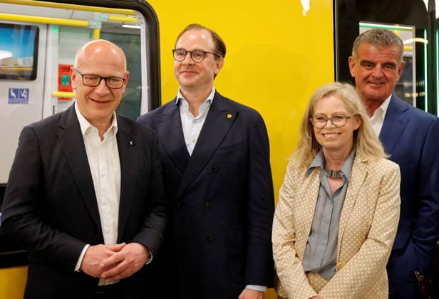Governing Mayor of Berlin Kai Wegner, BVG CEO Henrik Falk, Senator for Mobility, Transport, Climate Protection and the Environment Ute Bonde, President of the Board of Directors of Stadler Rail AG Peter Spuhler , Germany, Berlin, New cars for the U5 to U9 lines , Official handover of the new underground trains to passengers