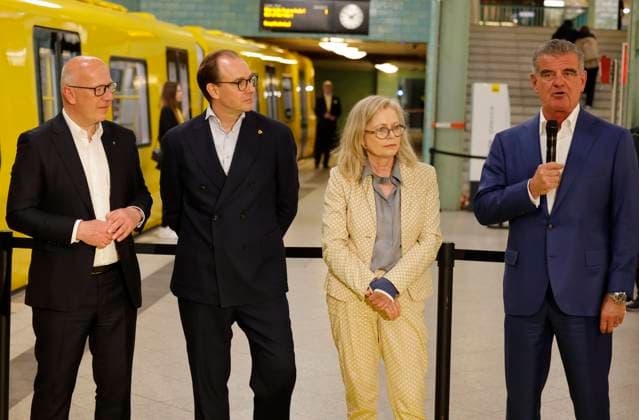 Governing Mayor of Berlin Kai Wegner, BVG CEO Henrik Falk, Senator for Mobility, Transport, Climate Protection and the Environment Ute Bonde, President of the Board of Directors of Stadler Rail AG Peter Spuhler , Germany, Berlin, New cars for the U5 to U9 lines , Official handover of the new underground trains to passengers