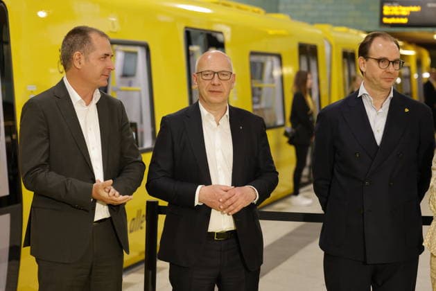 Jure Mikolcic, CEO Stadler Germany, Governing Mayor of Berlin Kai Wegner, BVG Chairman of the Board Henrik Falk, Germany, Berlin, New cars for the U5 to U9 lines, Official handover of the new underground trains to passengers