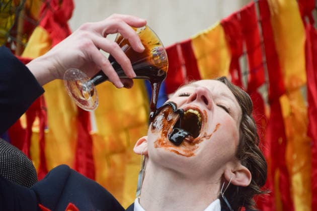 May 19, 2026, London, England, United Kingdom: Climate activists dressed as executives drink Ã¢â‚¬ËœoilÃ¢â‚¬â ¢ (actually treacle) as they stage a protest outside Shell headquarters on the day of the oil giantÃ¢â‚¬â ¢s Annual General Meeting, AGM. London United Kingdom - ZUMAv130 20260519_zip_v130_001 Copyright: xVukxValcicx