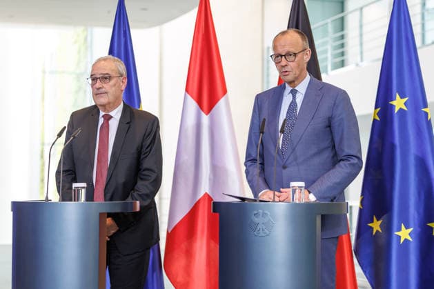 Press conference with Federal Chancellor Friedrich Merz and the President of the Swiss Confederation, Mr. Guy Parmelin Press conference with Federal Chancellor Friedrich Merz and the President of the Swiss Confederation, Mr. Guy Parmelin at the Federal Chancellery in Berlin on 19 05 2026 Berlin Berlin Germany Federal Chancellery