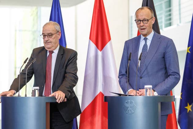 Press conference with Federal Chancellor Friedrich Merz and the President of the Swiss Confederation, Mr. Guy Parmelin Press conference with Federal Chancellor Friedrich Merz and the President of the Swiss Confederation, Mr. Guy Parmelin at the Federal Chancellery in Berlin on 19 05 2026 Berlin Berlin Germany Federal Chancellery