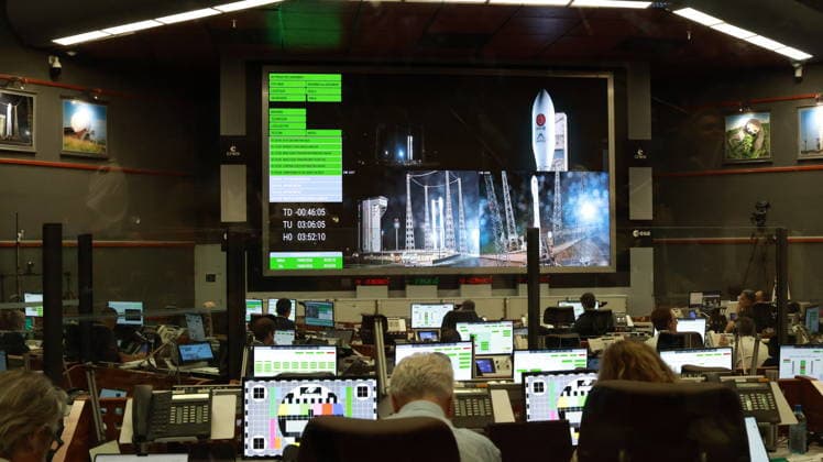 (260519) -- KOUROU, May 19, 2026 -- Staff members work at the Kourou launch center in French Guiana, May 19, 2026. The China-Europe jointly developed Solar wind Magnetosphere Ionosphere Link Explorer (SMILE) was launched into orbit on Tuesday, expected to usher in a new era in space weather forecasting and mark a deeper, more exemplary phase in China-Europe space science cooperation. TO GO WITH China Focus: SMILE in sky: a new chapter in China-Europe space science cooperation (Photo by Xinhua) FRENCH GUIANA-KOUROU-CHINA-EUROPE-SATELLITE-SMILE-LAUNCH RicardoxMontoya 