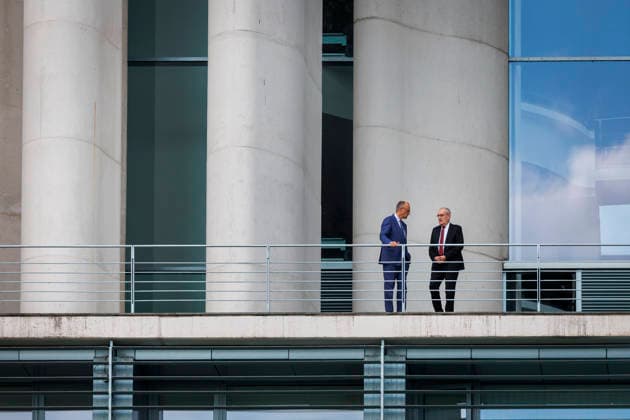 L R Friedrich Merz CDU , Federal Chancellor and Guy Parmelin, President of the Swiss Confederation, photographed on the balcony of the Federal Chancellery, during a meeting in Berlin, 19 05 2026 Berlin Germany Copyright: xAmreixSchulzx