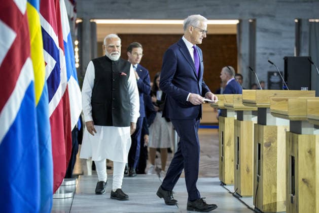 Nordic Indian Summit Oslo 20260519 Indian Prime Minister Narendra Modi and Prime Minister Jonas Gahr Store at the press conference after the summit between India and the Nordic countries at Radhuset in Oslo Photo Stian Lysberg Solum NTB POOL Oslo Norway 2TDGhAhwAp4 EDITORIAL USE ONLY Ref POL2TDGhAhwAp4 jpg  Copyright: xStianxLysbergxSolumx xNTBx