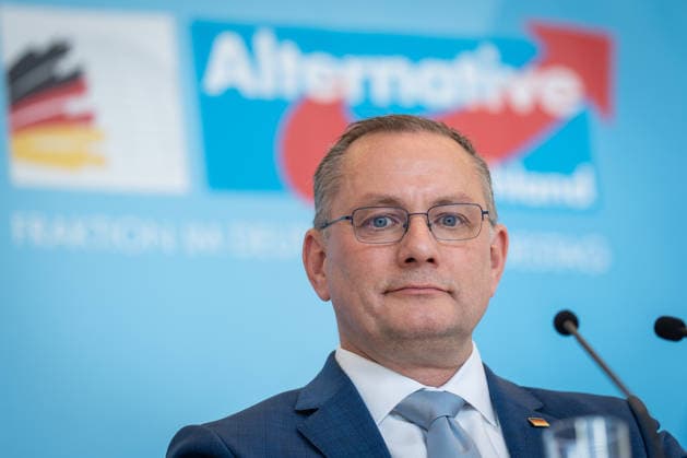 Party and parliamentary group leader Tino Chrupalla during the press statement at parliamentary group level in the German Bundestag Press statement by the AfD party and parliamentary group leader in the German Bundestag at the beginning of the session week, Berlin Berlin Germany Bundestag