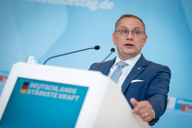 Party and parliamentary group leader Tino Chrupalla during the press statement at parliamentary group level in the German Bundestag Press statement by the AfD party and parliamentary group leader in the German Bundestag at the beginning of the session week, Berlin Berlin Germany Bundestag